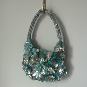 Chic Floral Beaded Shoulder Bag in Teal and Silver